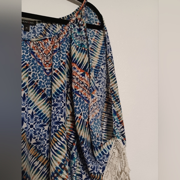 Colorful Patterned Cold Shoulder Blouse Macrame Lace Hems mm mm mm Medium - Picture 5 of 13